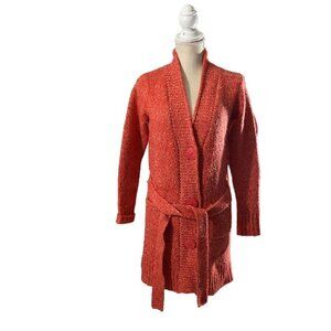 Lin Women Orange Marled Wool Mohair 3-Button Long Cardigan Sz M/L Belted Pockets